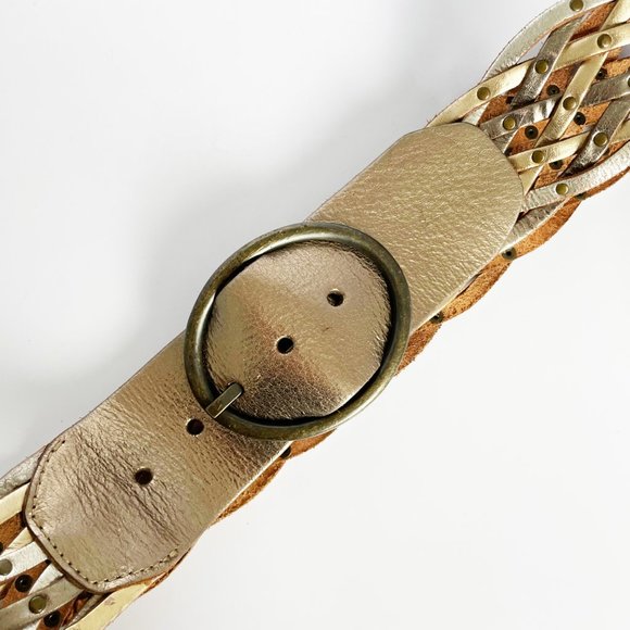 Fossil Wide Woven Braided Silver Gold Leather Belt - Picture 4 of 8